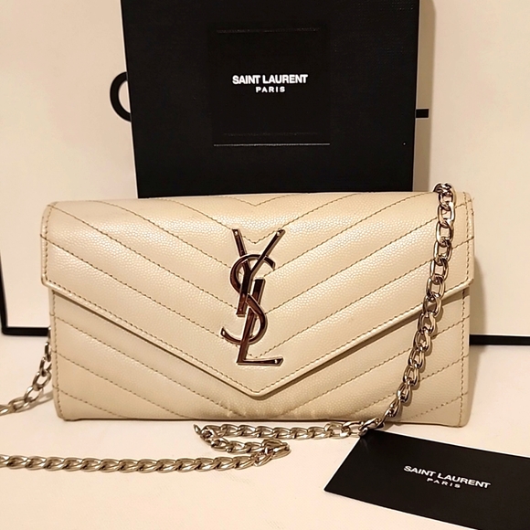 YSL Cloud Gray Caviar Flap Crossbody Large Purse Clutch WOC + Box - Picture 16 of 16